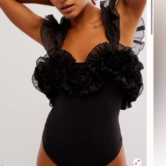 Free People Black 3D Ruffle Bodysuit - Picture 1 of 9